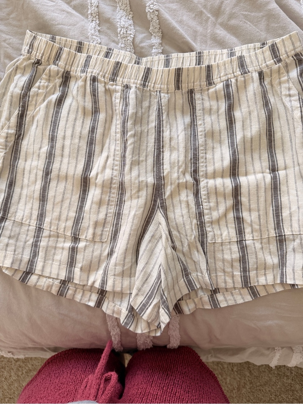 Universal Thread High Waist Striped Linen-Blend Shorts in Cream and Gray